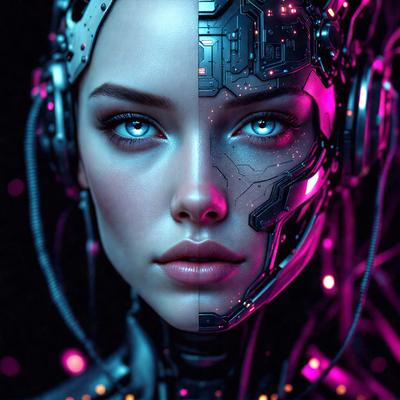 The primary subject of the image is a woman with blue eyes and a robotic face. She is wearing a futuristic outfit and has a mix of human and robotic features. The setting is a dark room with a purple glow, creating a mysterious and intriguing atmosphere. The visual style is a combination of photo and digital art, with the woman's face appearing as a blend of human and robotic elements. The colors and mood of the image are predominantly purple, which adds to